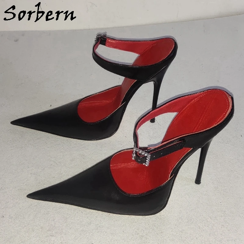 Sorbern Black 14Cm Metal High Heels Women Mules Pointed Toe Slingback Metal Heeled Mary Jane Shoes