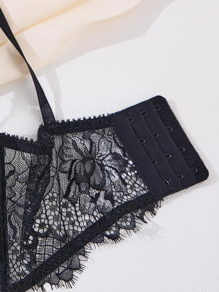 섹시 란제리 여성 매력적인 블랙 레이스 속옷 울트라 씬 시스루 브라 팬티 세트 2피스 에로틱 란제리 친밀한 의상
