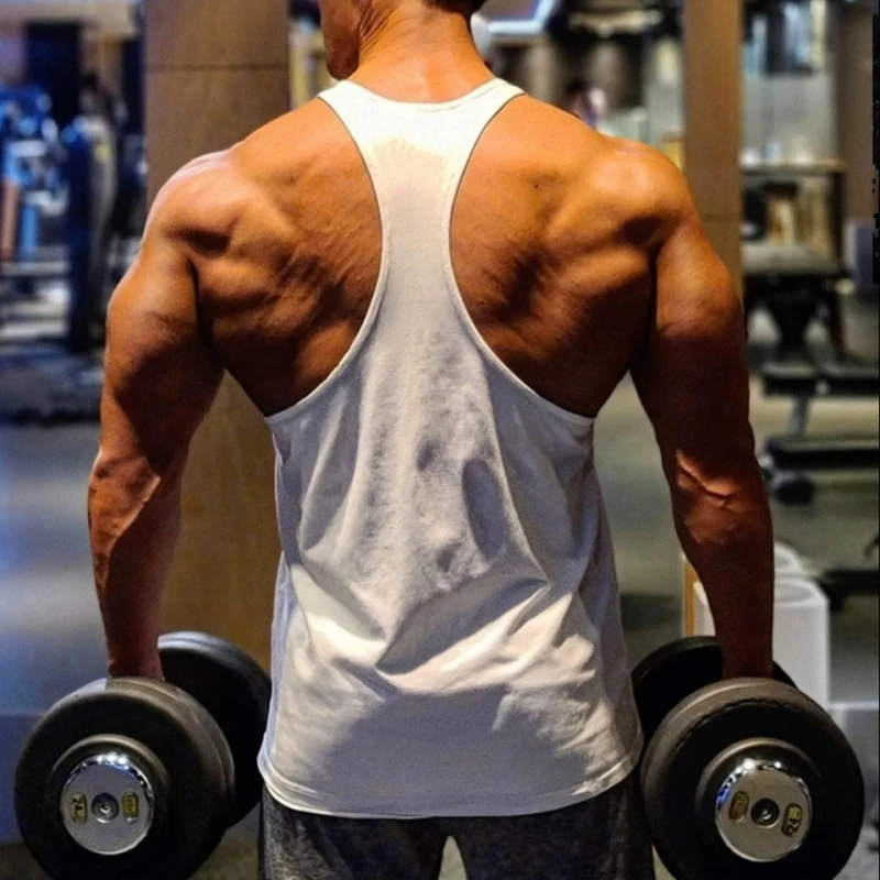 سترة رياضية للرجال لكمال الأجسام - بدون أكمام على شكل حرف I من الخلف، قميص داخلي للتدريب على اللياقة البدنية من القطن قابل للتنفس