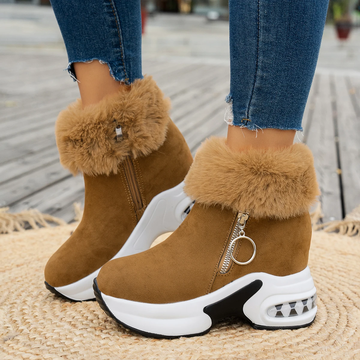 Women Ankle Boot Fashion Retro Zipper Warm Fuzzing Plus Winter Snow Boots Woman Comfortable Internal Increasing Shoes for Women