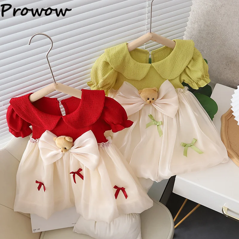 Prowow Toddler Girl Dresses Patchwork Cute Bear Decoartion Organza Dress For Newborn Infants Princess Party Dress Baby Clothes