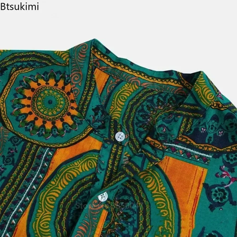 2025 Men's African Clothes Dashiki Print Summer 100% Cotton Shirts Male Tribal Hip Hop Ethnic Short Sleeve Clothing Tops for Men