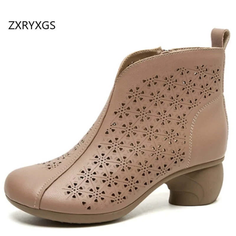 ZXRYXGS Promotion Genuine Leather Hole Hole Boots New 2026 Breathable Comfortable Spring Summer Boots Women Mid Heel Ankle Boots