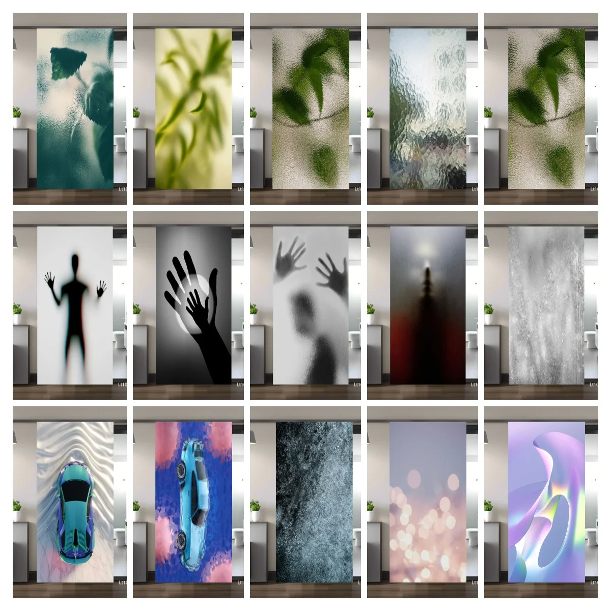 

3D Frosted Shadow Door Sticker Plant Shadow Hand Silhouette Car Wave Abstract Bokeh Removable Self Adhesive Wallpaper Home Decor