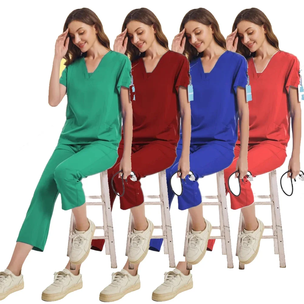 

Medical Nurse Beauty Salon Workwear Clinical Scrubs Top + Pant Spa Doctor Nursing Tunic Suit Surgical Uniforms Woman Scrub Set