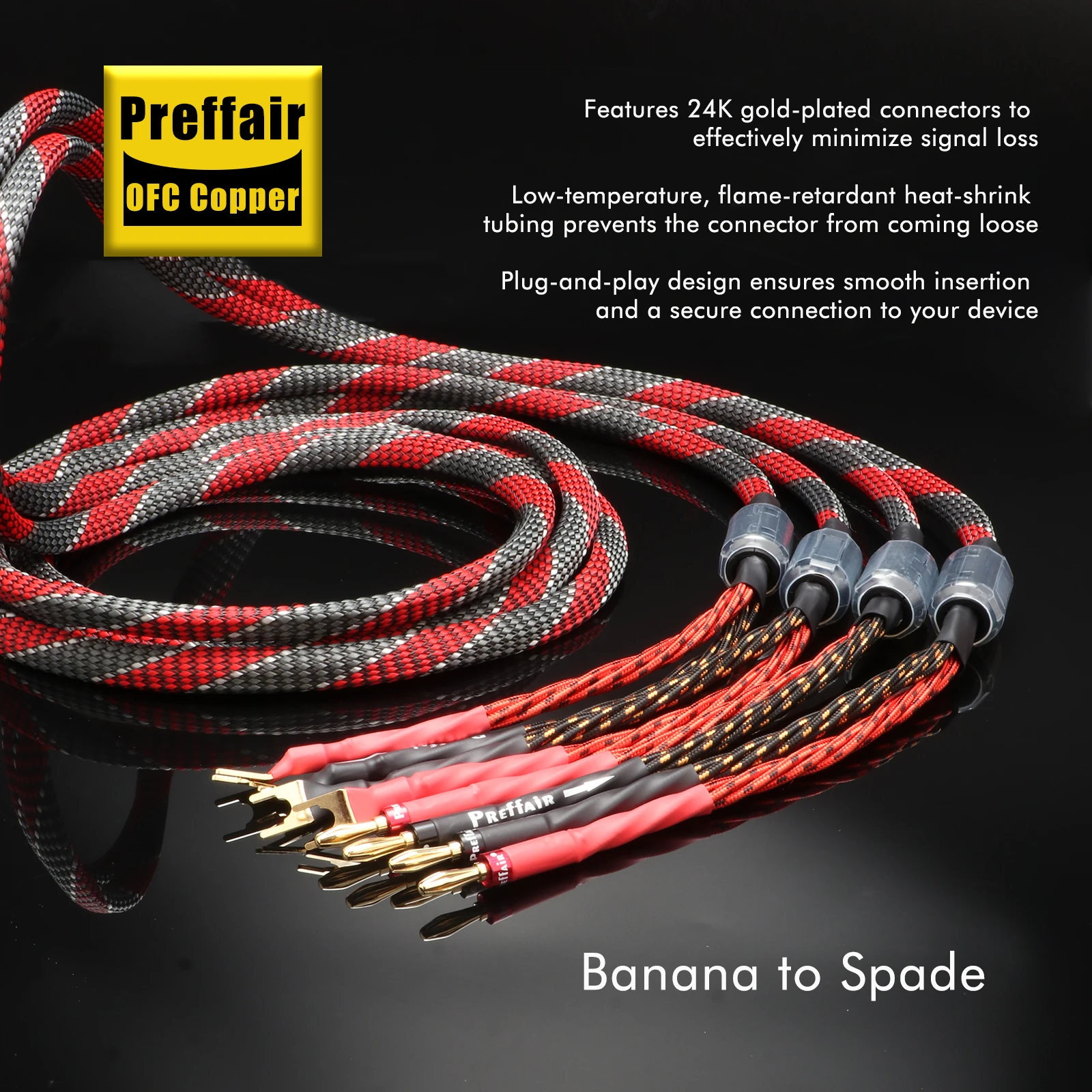 HiFi Speaker Cable L331, OFC Braided Loudspeaker Wire, One Pair Banana & Spade Plug, 1-3m for Home Theater Amplifier