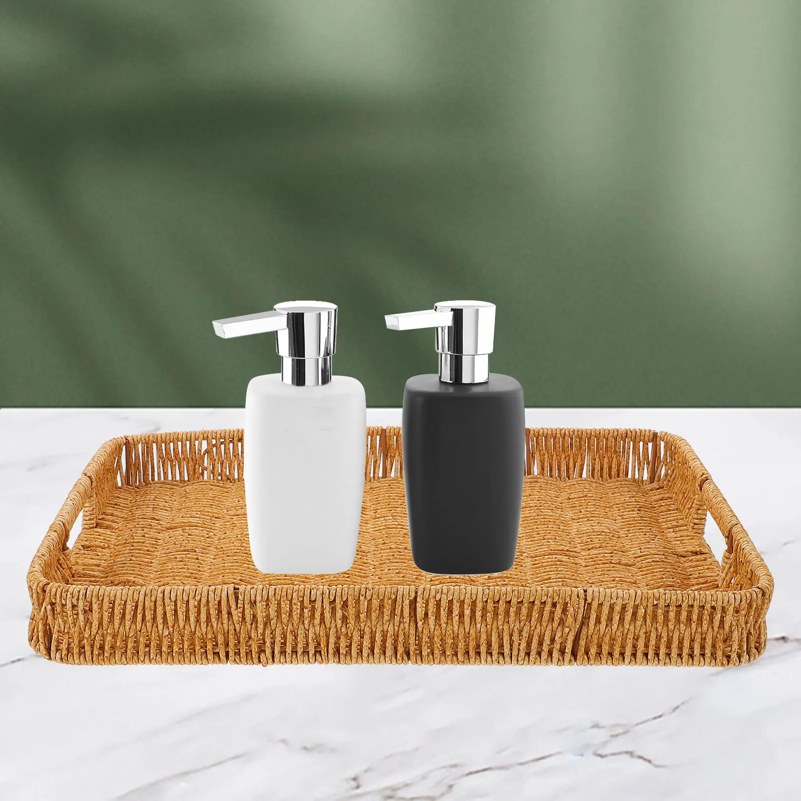 

Plastic Woven Basket Rectangular Storage Tray For Coffee Table Desktop Organizer Imitation Rattan Multi-Purpose Tray