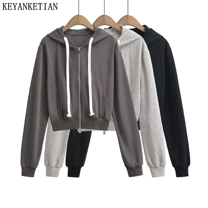 KEYANKETIAN 2024 Autumn/Winter New Women's Drawstring Hoodies Street style Screw Thread Patchwork Zipper Sweatshirts Crop Top