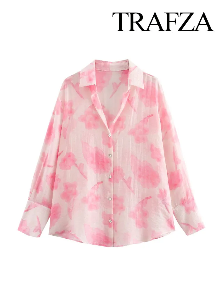 

TRAFZA Woman Summer New Fashion Blouses Pink Print Turn-Down Collar Long Sleeves Single Breasted Female Loose Casua Shirts