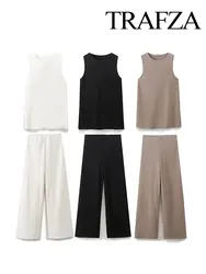 TRAFZA Summer Women's Casual Vest Suit 2-piece Round Neck Sleeveless Loose Top + Elastic Waist Pique Women's Soft Wide-leg Pants