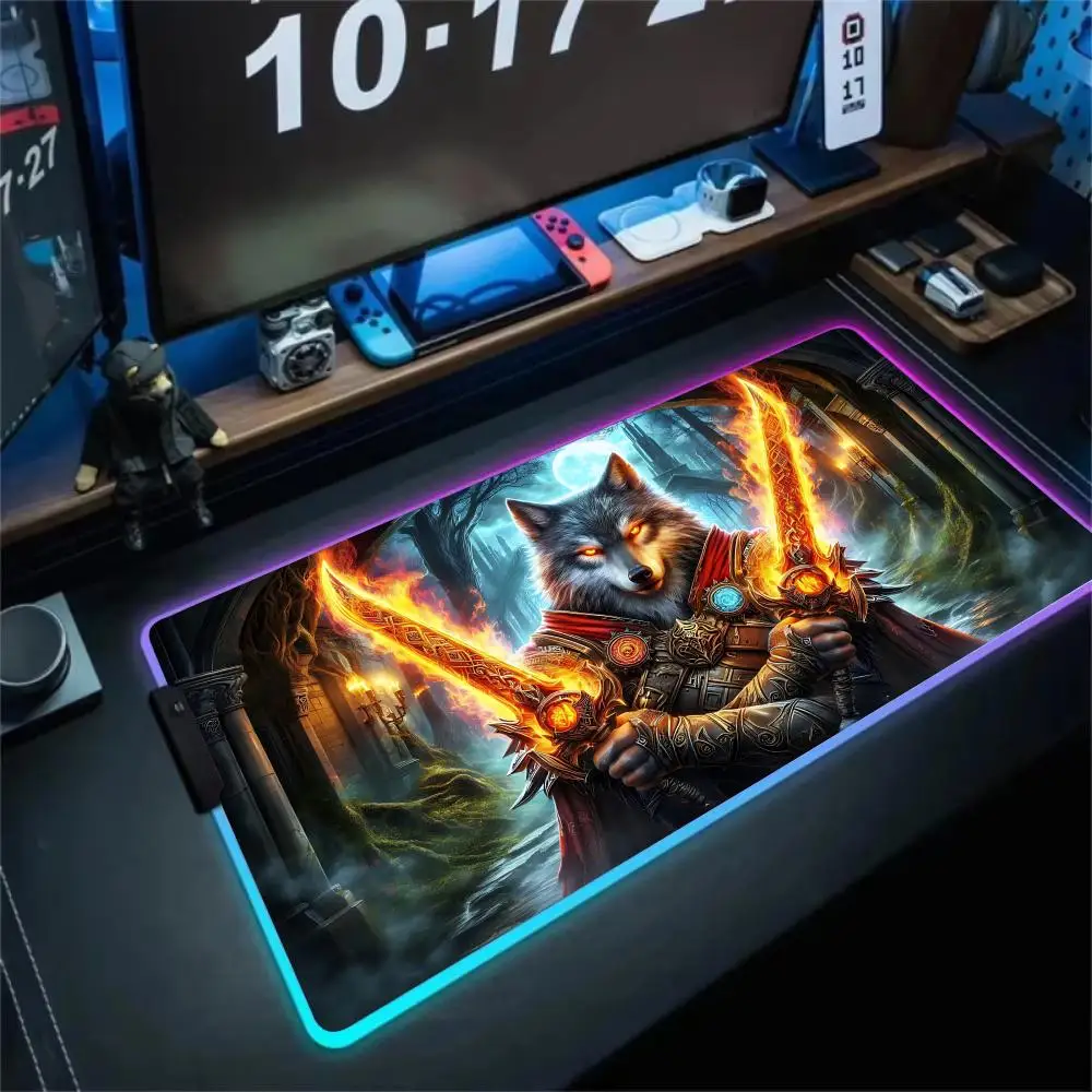 

RGB коврик для мыши Fantasy Wolf Warrior тема светодиодный светящийся игровой коврик резиновый противоскользящий настольный коврик аксессуары для ПК игровая клавиатура коврик для мыши