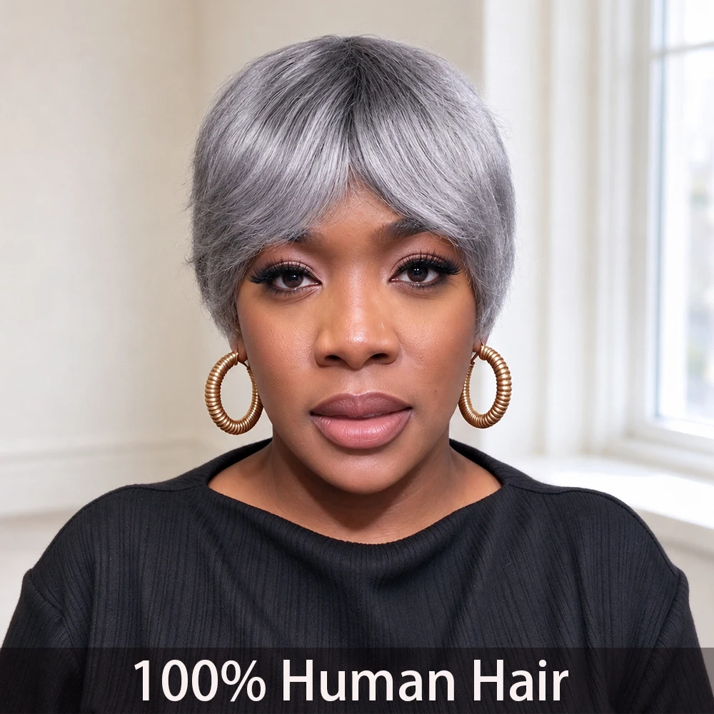 Women'S Pixie Cut Wigs Human Hair Wigs with Bangs Straight And Layered Style 150% Density Real Human Hair Pixie Cut Wig   Fully  Machine   Made