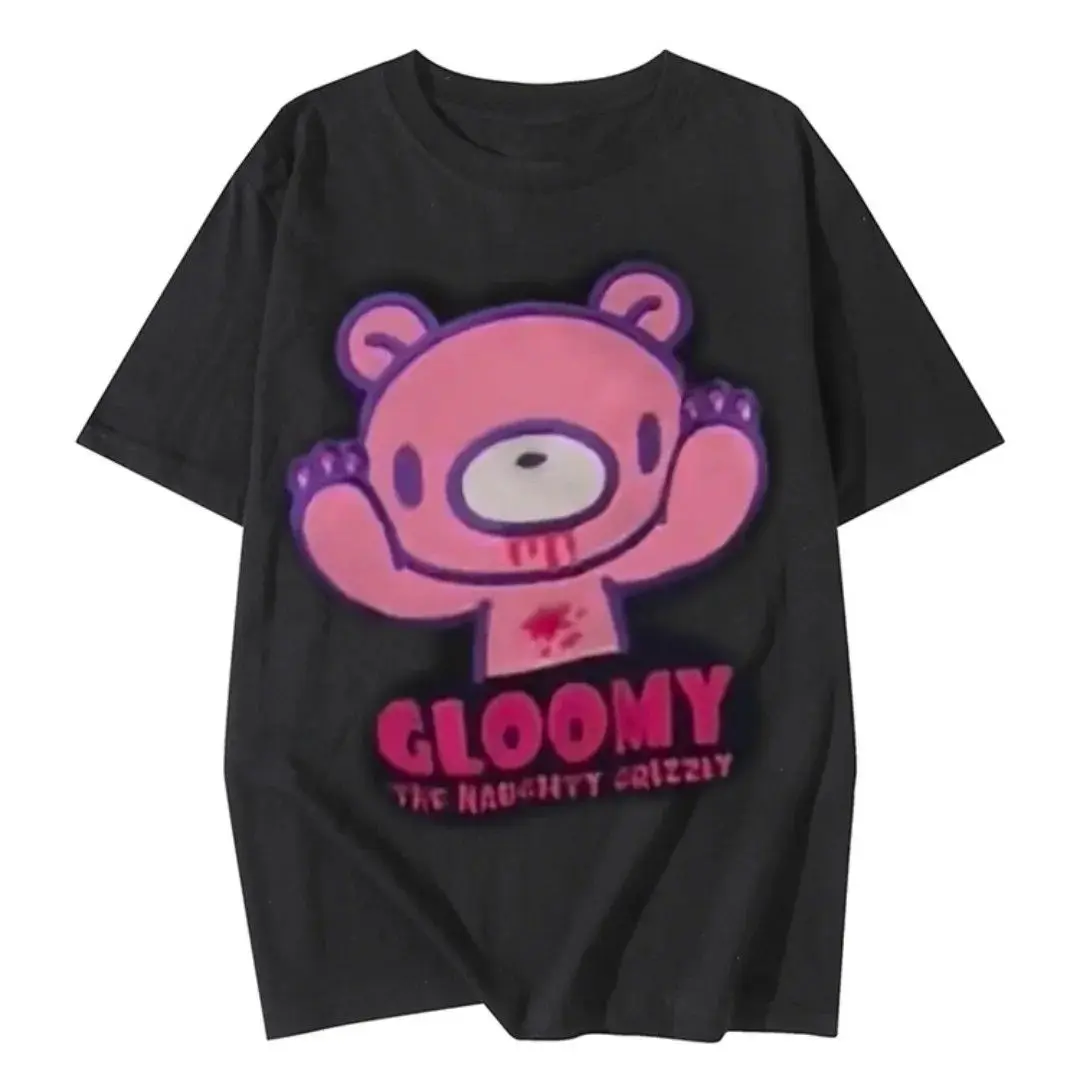 Retro Japanese Rock Visual Dark Zombie Blood Violent Bear Print Loose Pure Cotton Short Sleeve T-Shirt Street Style Summer Top