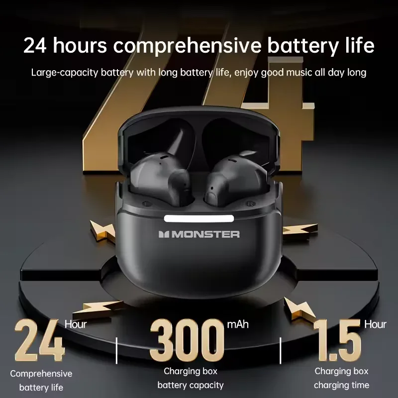 Monster GT15 Wireless Bluetooth Earphones Stereo High-Definition Calls Music Earbuds Long Battery Life Gaming Sports Headphones