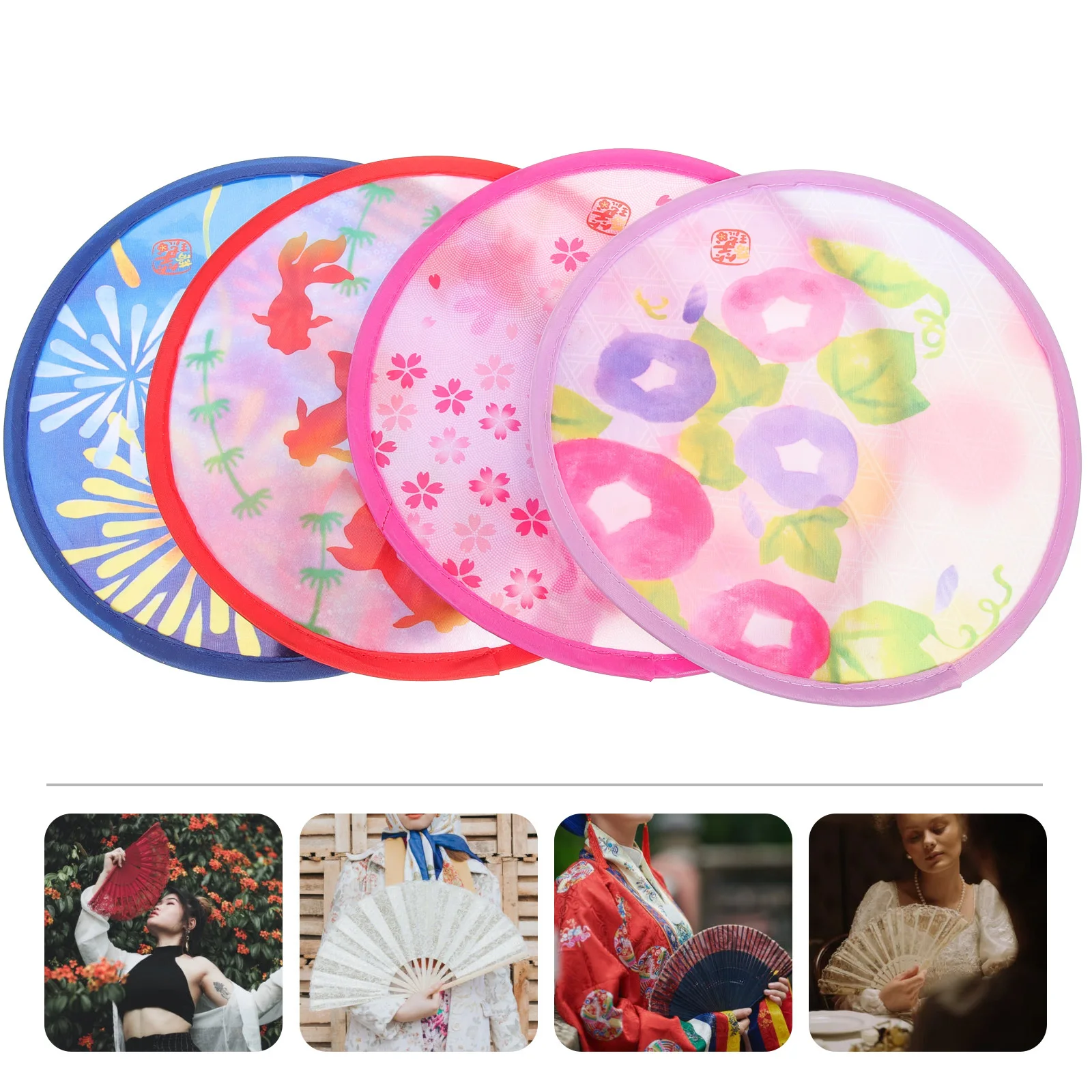 

4Pcs Handheld Japanese Style Fans Traditional Round Foldable Fans Dancing Performance Circular Props Vintage Fan