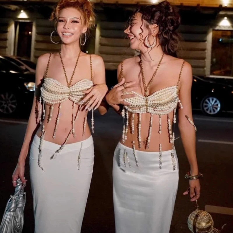 

Fashion Bikinis Chains Beach Body Chains Bra Pearls Chest Chain Body Accessories Jewelry for Raves Party Beach Clubwear