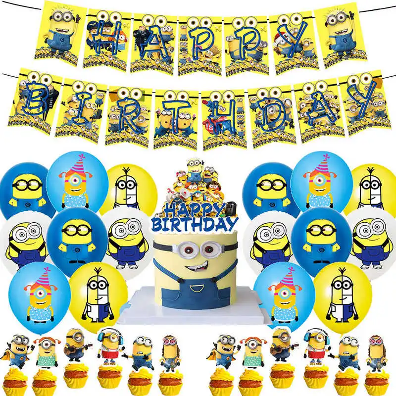 New Big-eyed And Cute Despicable Me 4 Minion Theme Birthday Background Cloth Balloon Cake Inserts Kids Birthday Pull Flag Gifts