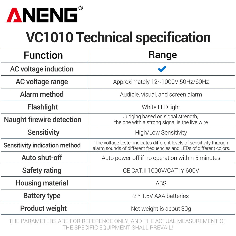 Picture 7: ANENG VC1010 Non‑Contact Voltage Tester 12‑1000V AC Voltage Detector Adjustable High‑Low Sensitivity with LED Flashlight,