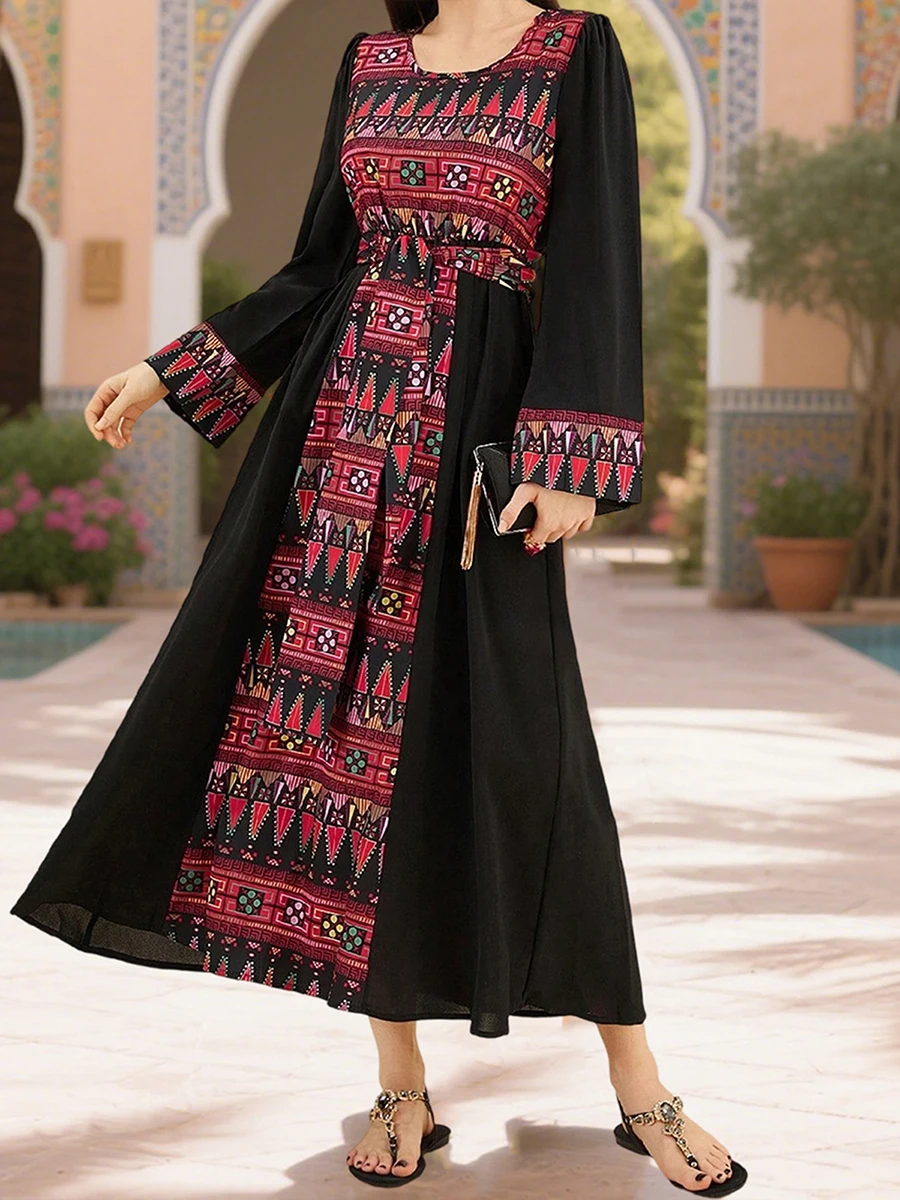 Nueva moda mujer otoño vestido largo Kaftan manga larga patrón Retro estampado cintura ahumada vestido árabe gran oferta S-XL