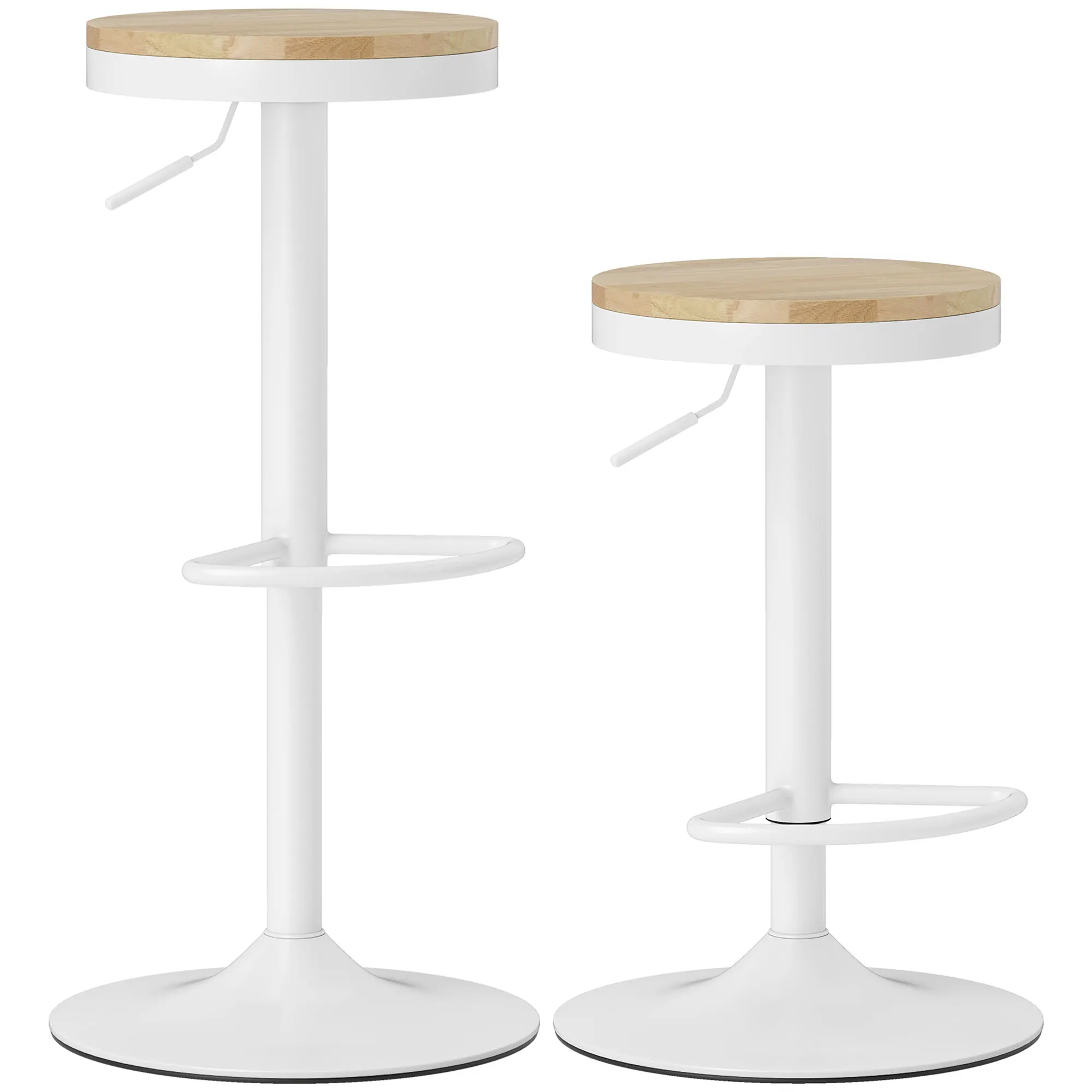 Homcom Lot de 2 tabourets de cuisine hauts avec siège en bois à hauteur réglable, cadre en acier et repose-pieds naturel et blanc