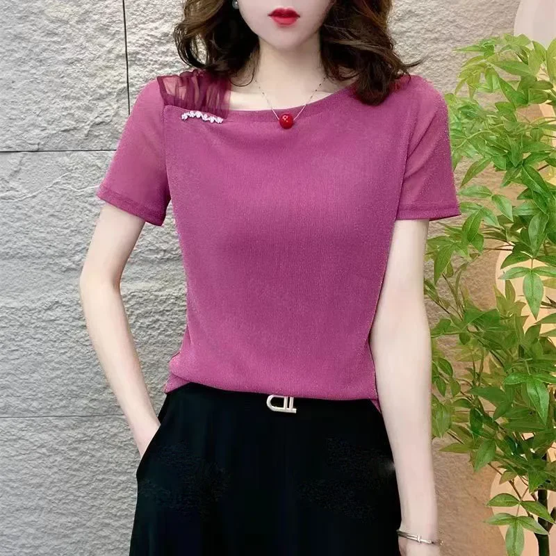 

Summer New Loose Office Lady Tops Korean Shirts Fashion Skew Collar Gauze Diamonds Bright Silk Blouses Women's Clothing 2025