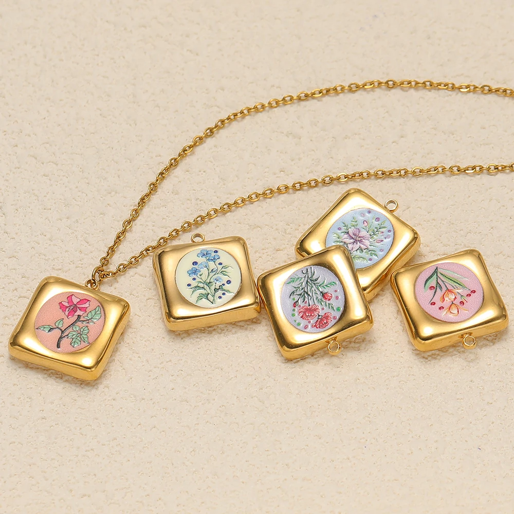 4 Stück Gold Edelstahl Emaille Blumenanhänger Quadratische Halskettenanhänger für DIY Modeschmuckherstellung Armband Ohrring Zubehör – Detail 3