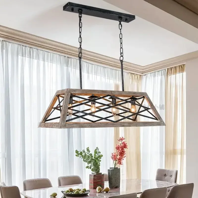 

Wabi Sabi Pendant Light Vintage American Rectangular Dining Cafe Bar Hanging Lamp Wooden Art