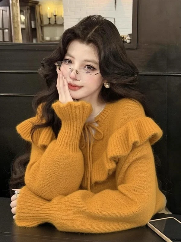 

Ladies Soft Cozy Orange Knitted Sweater with Belt Design Lazy Sle Winter Faion Loose Fit Long Sve round Ne Top