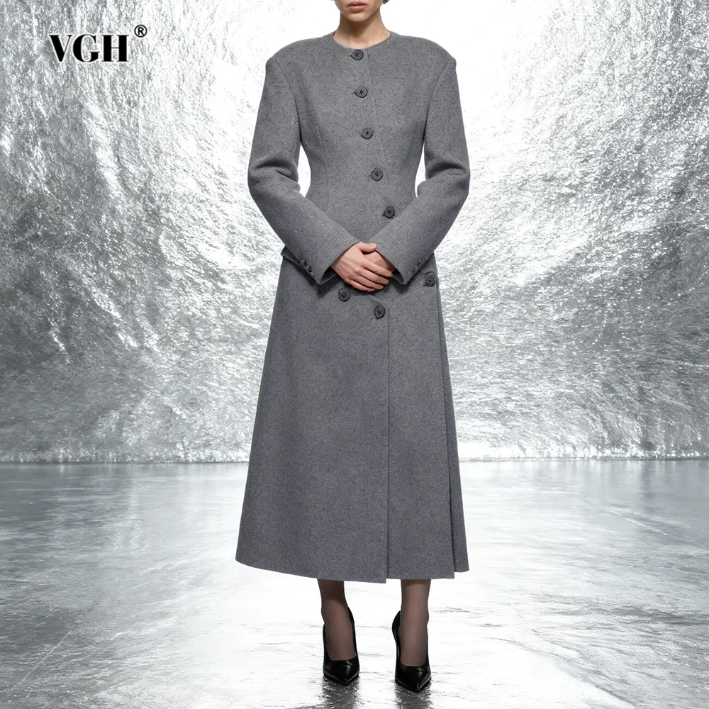 VGH French Style Solid Temperament Trench For Women Round Neck Long Sleeve Spliced Button Autumn Slimming Casual Coat Female New