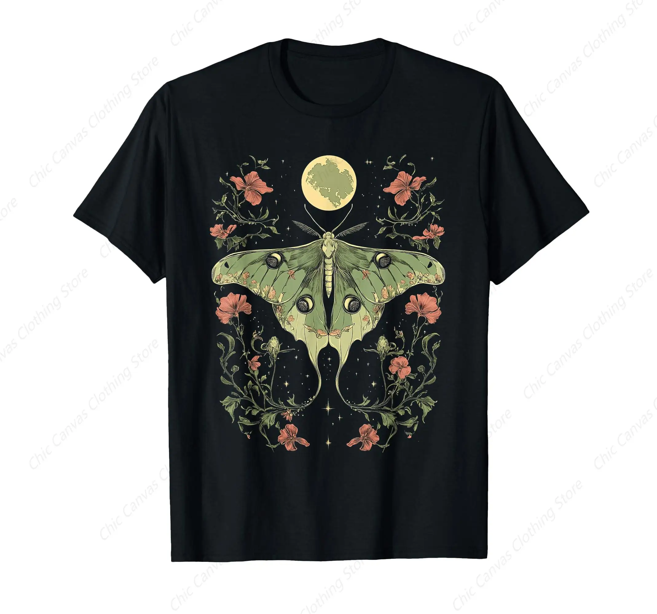 Goblin Moth Butterfly Moon Phase Flower Print Cotton T-Shirt Fashionable And Cool Pure Cotton Short Sleeved