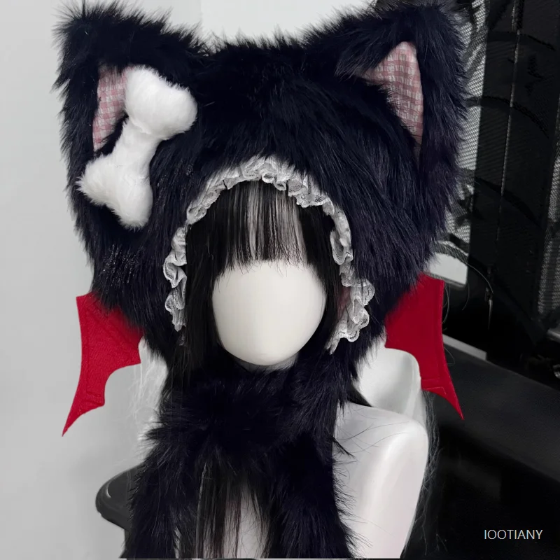 Subcultura punk anjo diabo asas chapéu de malha cosplay lolita gótico escuro y2k menina quente earmuffs acessórios inverno quente gato orelha chapéu