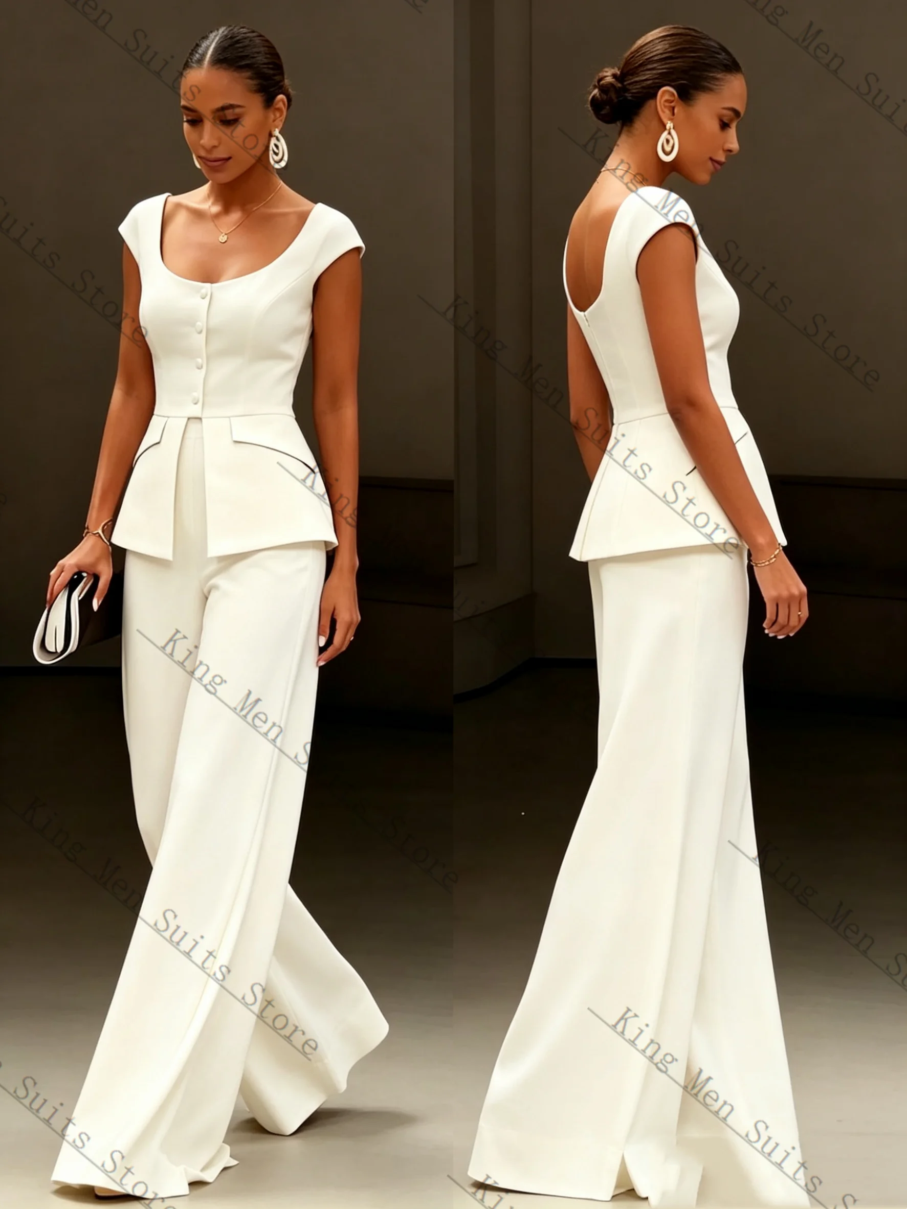 

White Summer Women Suits Set 2 Piece Vest Top+Pants Trouser Cotton Formal Customized Office Lady Jacket Bridal Wedding Prom Coat