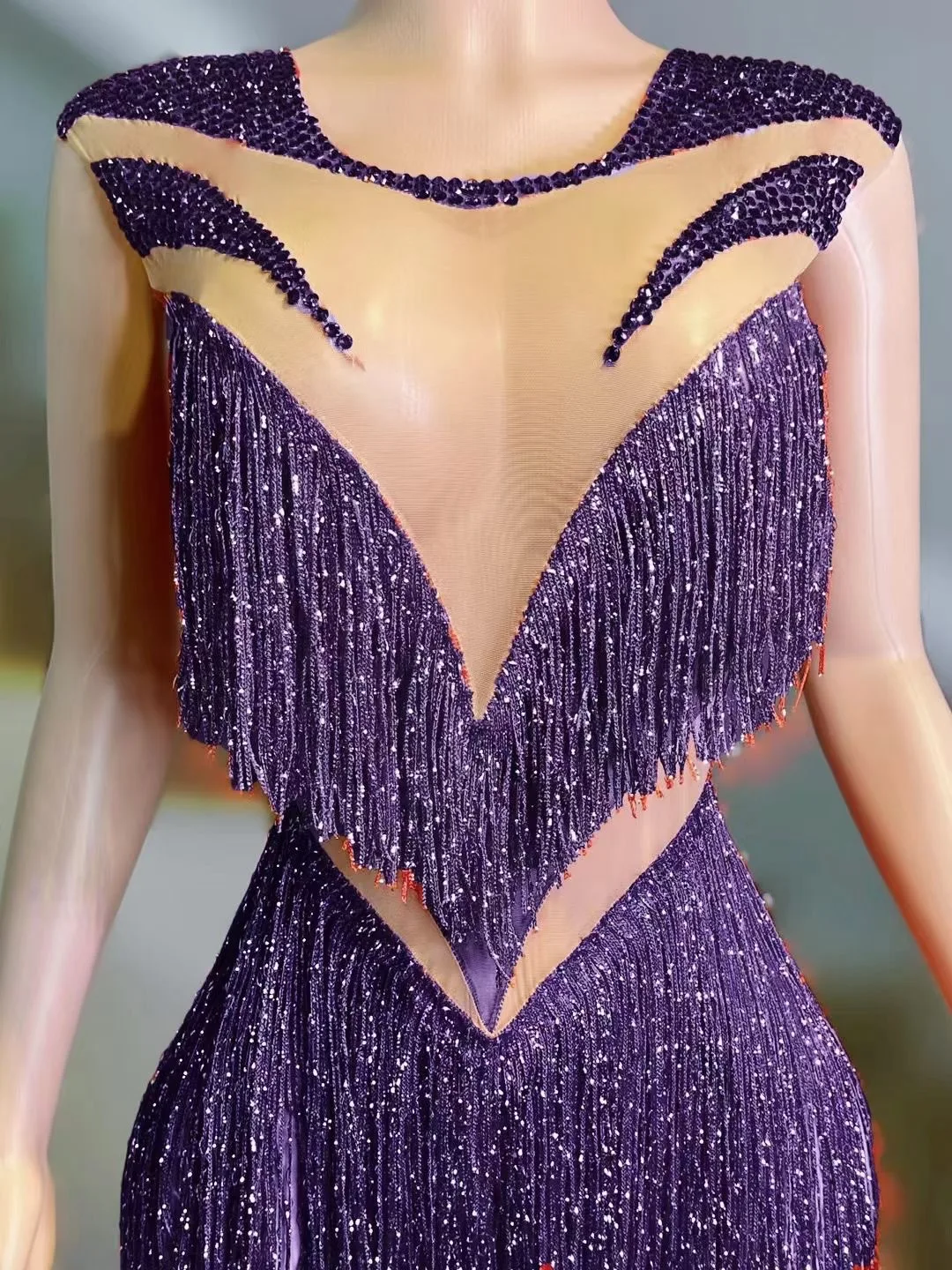 เสื้อผ้าการแสดง เสื้อผ้าวันเกิด แขนกุด กระโปรงสั้นตาข่าย โปร่งใส ชุดปาร์ตี้ไนท์คลับ Shining Stage