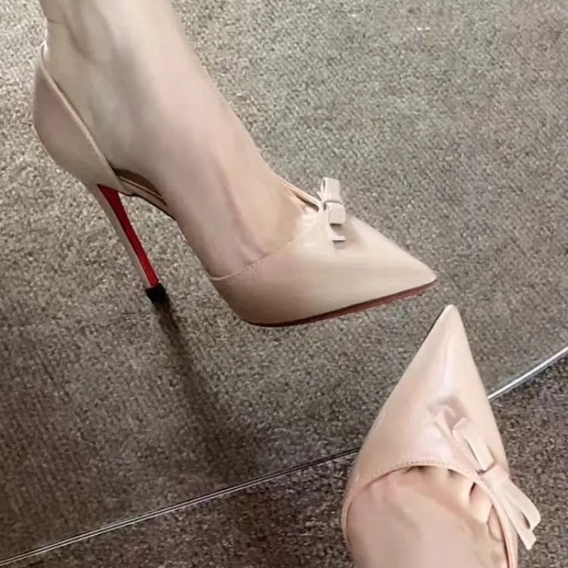 Side Empty Single Shoes Autumn New Pointed Toe Shallow Mouth Bow Slip-on Anti-Slip Wear-Resistant High Heels