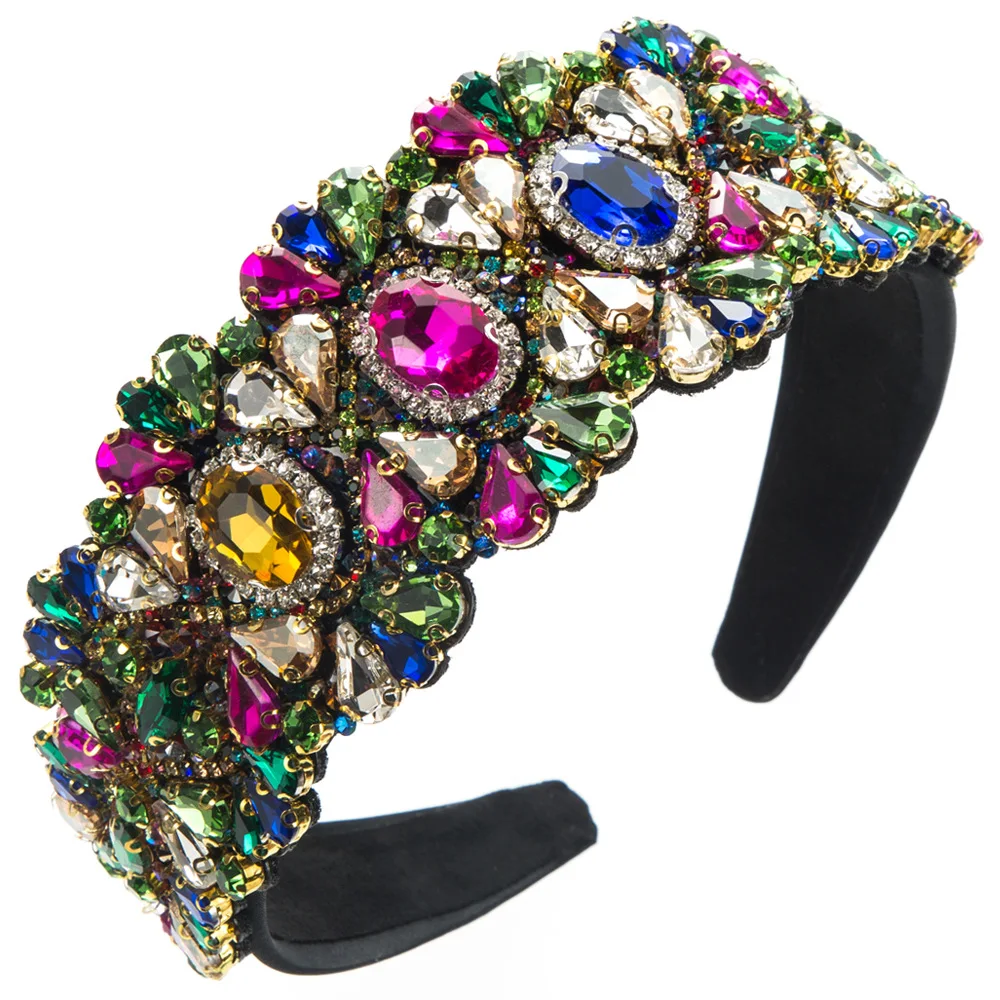 Baroque Style Geometric Rhinestone Hairbands for Women Purple Red Green Crystal Headwear Wedding Hair Accessories Jewelry