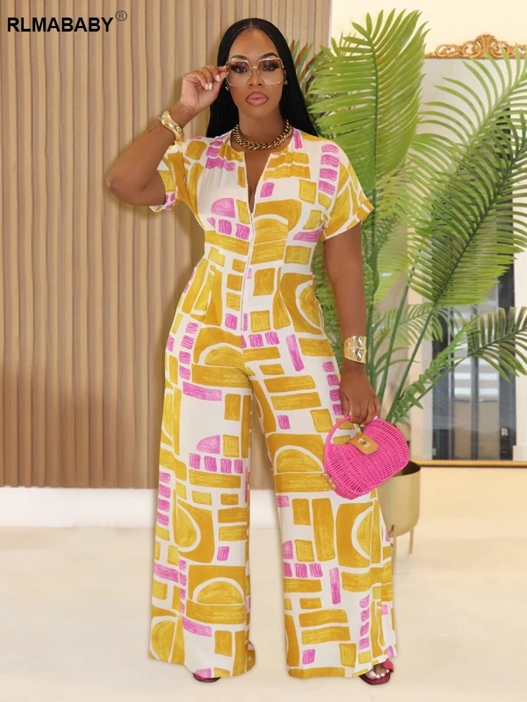 

RLMABABY Casual Print Zipper Short Sleeve Women Bodycon Jumpsuit Sexy Hottie Girl Streetwear Slim Rompers Overalls Jumpsuit