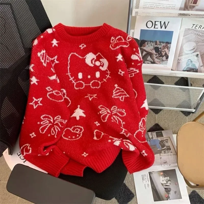 Kawaii Hello Kitty Sweter Kurtka studencka Jesień i zima Średniej długości Luźny kardigan z okrągłym dekoltem Żakardowe akcesoria Top