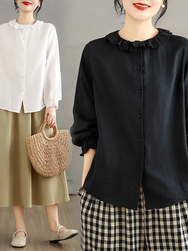 

High-End plus Size Women's Casual Sle Design Sensation Artistic Front And Ba Wearable irt with Lotus Le Collar