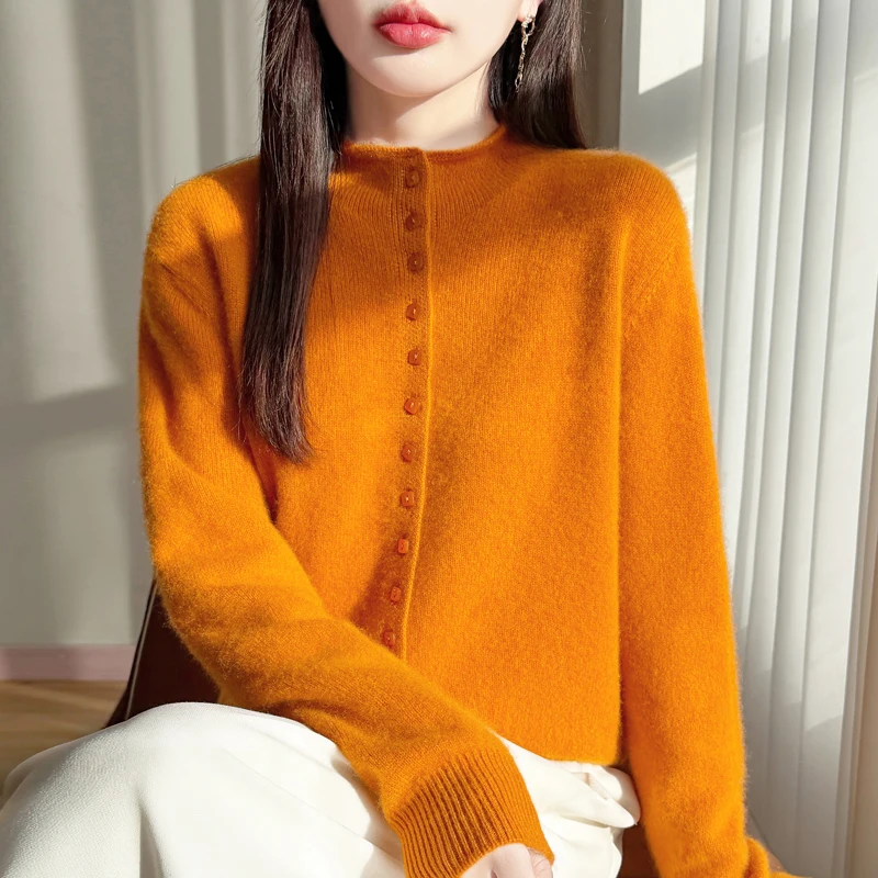

Женский кардиган с высоким воротником на весну и осень, 100% мериносовая шерсть, высококачественный повседневный однотонный свитер, женская одежда, топ