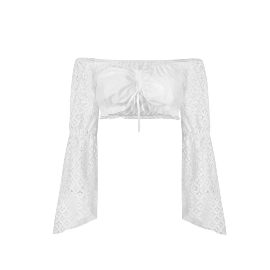 

Белая кружевная блузка с цветочным принтом и расклешенными рукавами, короткая милая блузка в стиле Лолиты Kawaii y2k, модные топы, сексуальная готическая рубашка для женщин