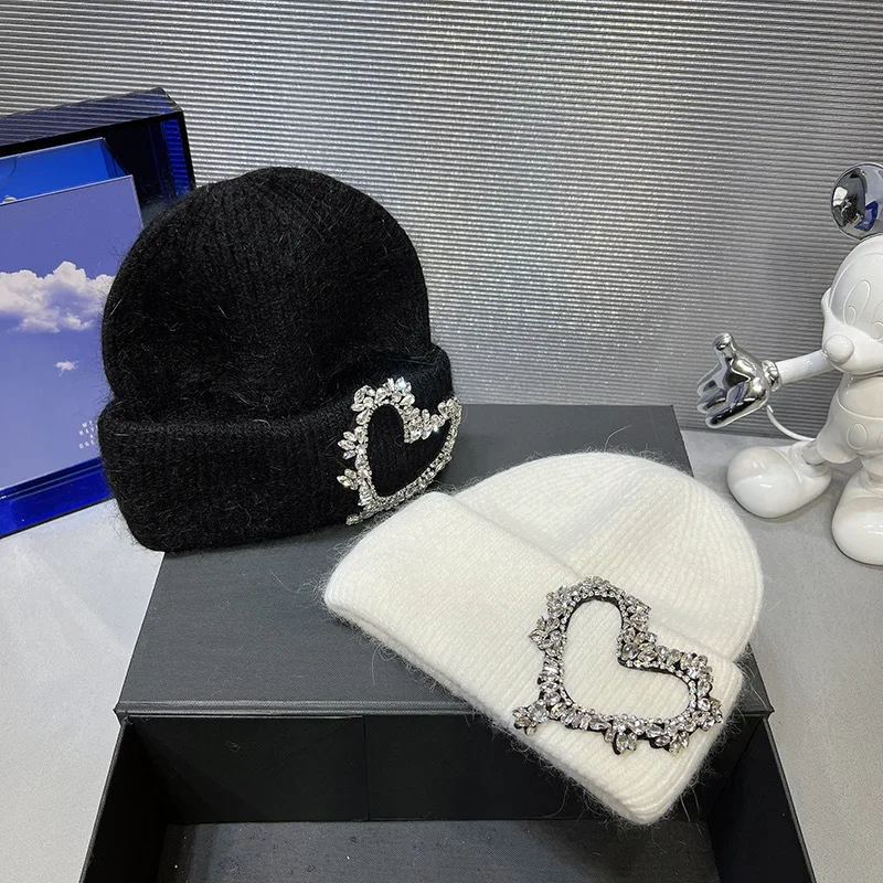 Autumn And Winter Rabbit Hair Women Fashionable Tidal Current Simple Love Diamond Warm Ear Protection Knitted Hats