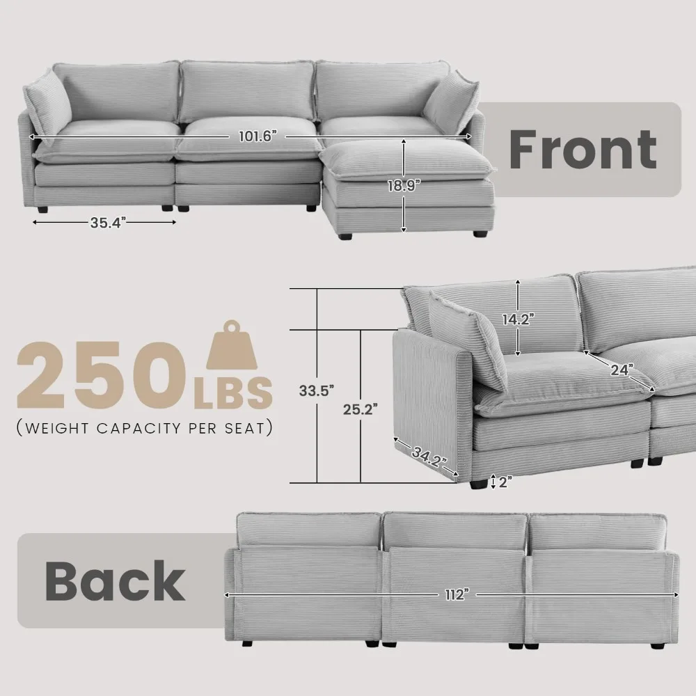 Oversized Modular Sectional Sofa with Movable Ottoman, 112 Inch 4 Seat Modern Corduroy Sofa Set, Convertible L Shaped Couch