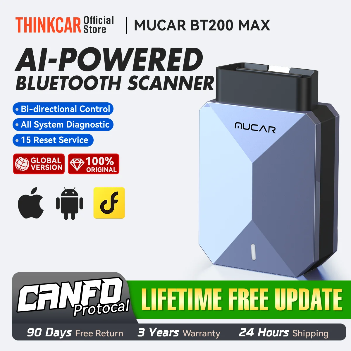 MUCAR BT200 MAX Ferramentas Automotivas ELM327 AI OBD2 Scanner Bluetooth CANFD Bidirecional com 15 Funções de Redefinição e Leitor de Códigos de Diagnóstico de Sistema Completo