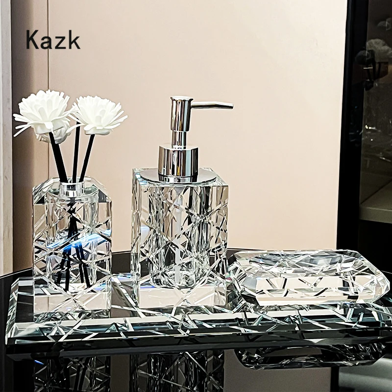 Light Luxury Crystal Bathroom Accessories High End Hotel Cutting Style Glass Toothbrush Holder Home Lotion Bottle Storage Tray