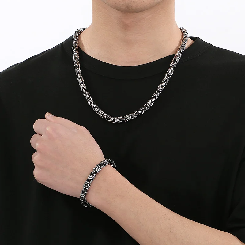 Fongten Byzantine Chain Bracelets Necklace For Men Stainless Steel Silver Color Male Square Jewelry Set Wholesale