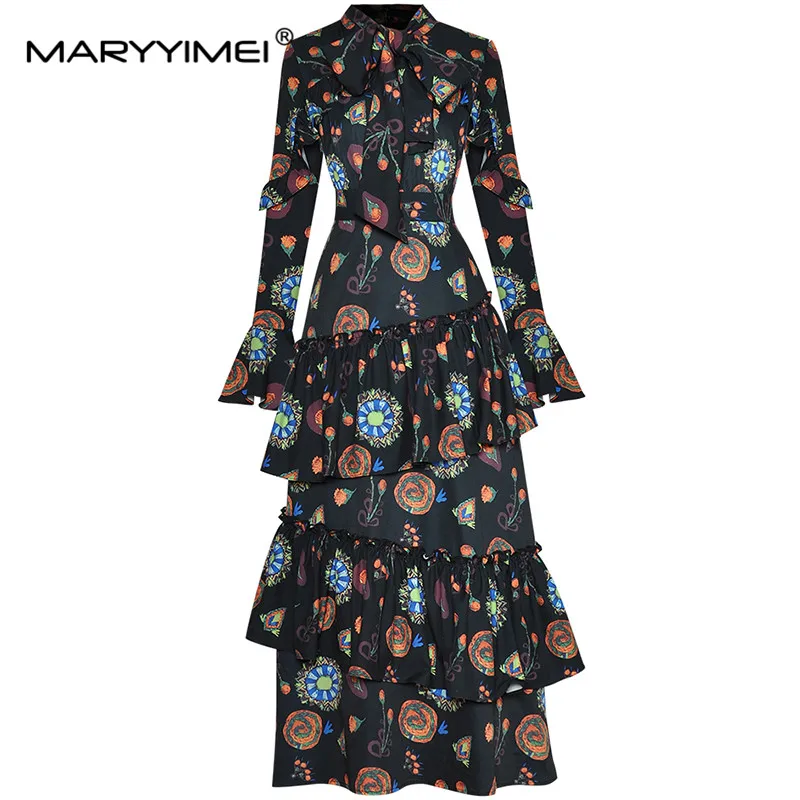 

MARYYIMEI Fashion Designer Autumn Dress Women Bow Collar Flare Sleeve Cascading Ruffle Floral Print Vintage Party Dress