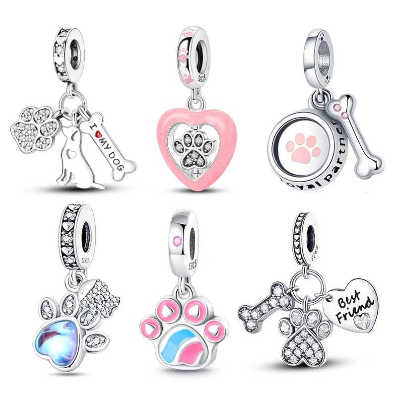 Charm Plata 925 Pet Charm Collection, Paw Print Dog Bone Heart Charms Beads Fits 3mm Original Bracelet Womens DIY Jewelry Gifts