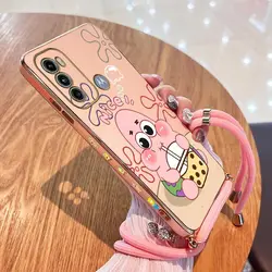 Drinking Milk Tea Lanyard Plating Phone Case For Motorola Moto G60 G53 G50 G42 G30 G20 G22 G52 E20 Plus G9 Play G8 Power Cover