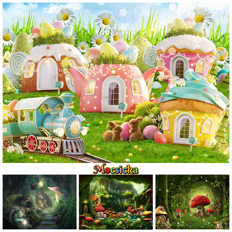 사진 촬영용 녹색 숲 배경, 자연 버섯 집 부활절 장식, 계란 아기 생일 용수철 배경, 사진 스튜디오