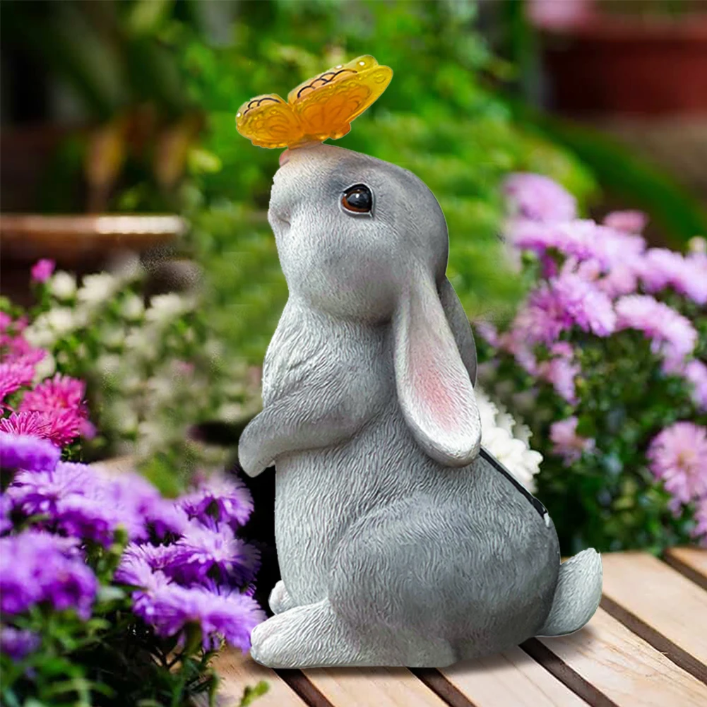 Solar Rabbit Light Solar Bunny Decorative Light Waterproof Bunny Butterfly Ornament Resin Cartoon for Patio Lawn Courtyard